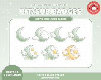 Twitch Sub Badges / Bit Badges / Mystic Sage Green Sparkle Moon Collection / Floral / Kawaii / Streamer / Cloud / Pastel / Mint / Yellow