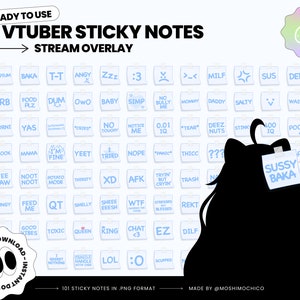 May include: A set of 101 digital sticky notes featuring various internet slang terms and phrases, including "SUSSY BAKA", "NOOT NOOT", "YEET", and "THICC". The notes are blue with white text and are arranged in a grid pattern. A silhouette of a person with long black hair is in front of the notes, with one of the notes, "SUSSY BAKA", placed on their head.
