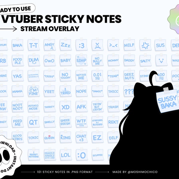 101 Blue Vtuber Sticky Note Set, Funny Stream Overlay, P2U Vtuber Stream Assets, Custom, PNGtuber, Streamer Setup, Cute Aesthetic, Cozy, Sus