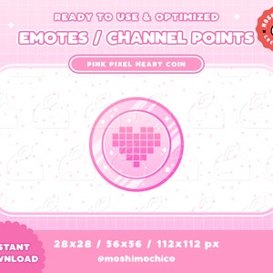 Puede incluir: Emote de moneda de corazón de píxeles rosa para Twitch o Discord. La moneda está en un círculo con un borde rayado rosa y blanco. La moneda tiene 28x28, 56x56 o 112x112 píxeles. El texto "Moshi Mochi Creations" está en la esquina superior derecha de la imagen.