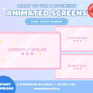 May include: Three animated pixel popup screens with pink and white backgrounds. The screens feature the text "Currently Offline", "Starting Soon", and "Be Right Back". Each screen has a pink border and a white title bar. The screens are set against a light blue grid background.