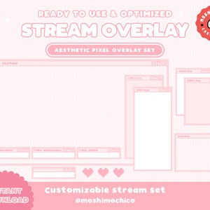 Twitch Pink Aesthetic Pixel Computer Customizable Screen Overlay Set / Streamer Graphics / Kawaii / Streamer / Sparkle / Pastel / Heart