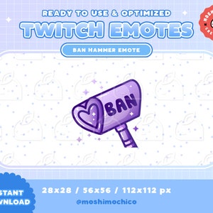 Pode incluir: Emoticon roxo do Twitch que representa um martelo de desenho animado com um coração e a palavra "BAN" nele. O emoticon é cercado por um fundo branco com um padrão de grade azul claro. O texto "28x28 / 56x56 / 112x112 px" e "@moshimochico" estão na parte inferior da imagem.