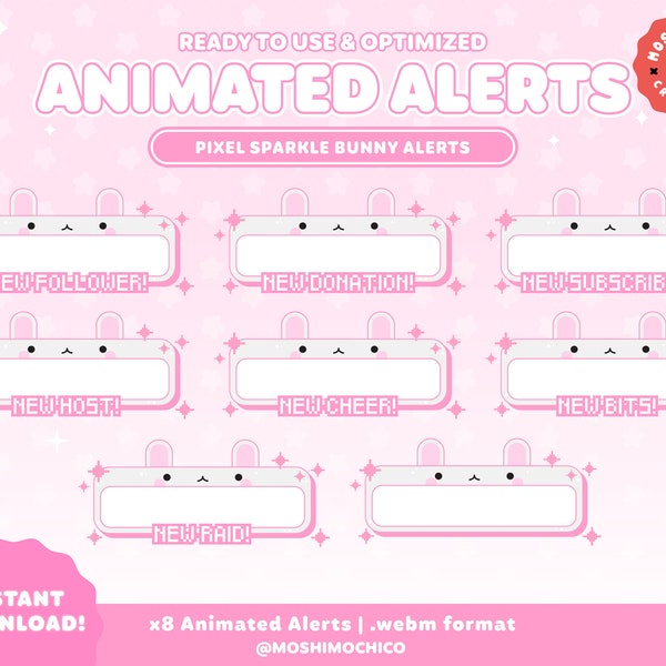 Pink Bunny Animated Twitch Alerts / Fenêtre d’ordinateur mignon / Nouvel abonné / Abonné / Hôte / Raid / Nouveau don / Alertes de flux / Configuration