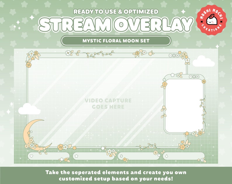 Sage Mystic Stream Overlay Set for Twitch / Pastel Floral Kawaii / Galaxy Aesthetic / Webcam / Border / Simple / Custom / Streaming Setup image 2