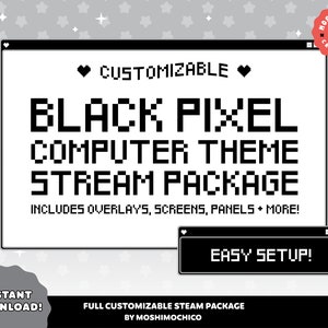 Pacote Black Pixel Stream para Twitch | Sobreposição fofa | Tema de computador | Estética Simples | 8 bits | Configuração personalizada | Alertas | Telas | Painel