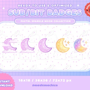 Twitch Sub Badges / Bit Badges / Emote - Cute Glossy Pastel Bubble Sparkle Moon Collection / Kawaii / Streamer / Cloud / Lavender / Yellow