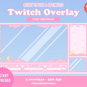 Twitch Cute Pink Cloudy Moon Overlay / Streamer Graphics / Kawaii / Streamer / Sparkle / Cloud / Star / Pastel