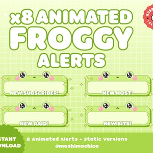 Puede incluir: Ocho alertas animadas de ranas para Twitch o YouTube. Las alertas son verdes con una cara de rana linda y texto que dice "¡Nuevo suscriptor!" "¡Nuevo anfitrión!" "¡Nuevo ataque!" y "¡Nuevas bits!"