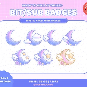 Twitch Sub Badges / Bit Badges / Mystic Pastel Sparkle Moon Collection / Floral / Kawaii / Streamer / Cloud / Pink / Blue / Yellow
