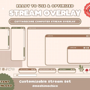 Conjunto de sobreposição de fluxo de tela de computador Twitch Cozy Cottagecore / Kawaii / Estética da floresta / Webcam / Borda / Simples / Personalizado / Configuração de streaming