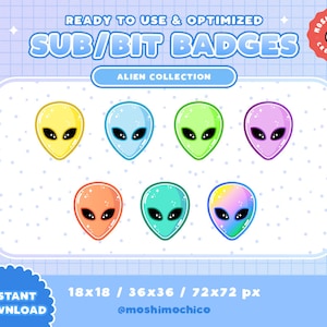 May include: Set of six alien-themed badges in various colors, including yellow, blue, green, purple, orange, and turquoise. Each badge features a cartoon alien with large eyes and a pointed head. The badges are designed for use as Twitch or YouTube subscriber or bit badges. The text "READY TO USE & OPTIMIZED SUB/BIT BADGES ALIEN COLLECTION 18x18 / 36x36 / 72x72 px @moshimochico" is displayed below the badges.