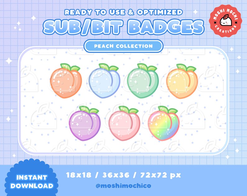 7x Twitch Sub Badges Bit Badges Emote Cute Glossy Sparkle Soft Peach Fruit Collection Kawaii Streamer Aesthetic Pastel Art Collectibles Drawing Illustration Issho Ueno Com