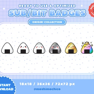 Twitch Sub Badges / Bit Badges / Emote - Cute Japanese Snack Onigiri Collection / Streamer / Rainbow / Cool