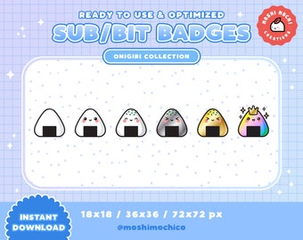 Twitch Sub Badges / Bit Badges / Emote - Cute Japanese Snack Onigiri Collection / Streamer / Rainbow / Cool