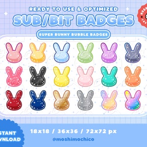May include: A set of 18 digital badges featuring cartoon bunny rabbits with different coloured fur and glitter accents. The badges are designed for use on Twitch, YouTube, and other social media platforms. The text "SUB/BIT BADGES" and "SUPER BUNNY BUBBLE BADGES" is displayed at the top of the image.