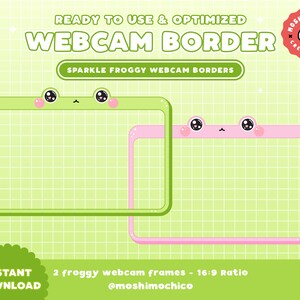 Könnte beinhalten: Zwei Webcam-Rahmen in Form von Fröschen, einer grün und einer rosa, vor einem Gitterhintergrund. Der Text lautet "READY TO USE & OPTIMIZED WEBCAM BORDER" und "SPARKLE FROGGY WEBCAM BORDERS". Das Bild enthält auch den Text "INSTANT DOWNLOAD".