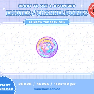 May include: A digital illustration of a rainbow paw print inside a circle with a pink, blue, and yellow gradient. The text "RAINBOW TOE BEAN COIN" is above the image. The text "28x28 / 56x56 / 112x112 px" and "@moshimochico" are below the image. The image is on a light blue background with a grid pattern.