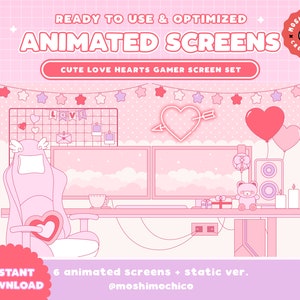 May include: Pink and white animated gamer screen set with a cute love heart theme. The set includes six animated screens and a static version. The image shows a pink gaming chair with a heart-shaped cushion, a desk with two monitors, a keyboard, a mouse, a cup, a speaker, a teddy bear, and a gift box. The text "READY TO USE & OPTIMIZED ANIMATED SCREENS CUTE LOVE HEARTS GAMER SCREEN SET" is at the top of the image. The text "INSTANT DOWNLOAD 6 animated screens + static ver. @moshimochico" is at the bottom of the image.