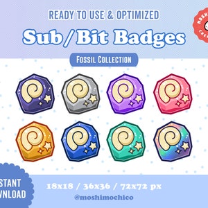 8x odznak Twitch Sub / odznak Bit / emotikon - kolekcja Glossy Sparkle Fossil / Kawaii / Streamer / Rainbow