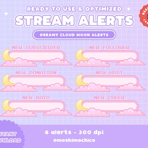 6x Twitch Cute Pink Dreamy Moon Cloud Static Alerts / New Follower / Subscriber / Host / Raid / Cheer / Sparkle