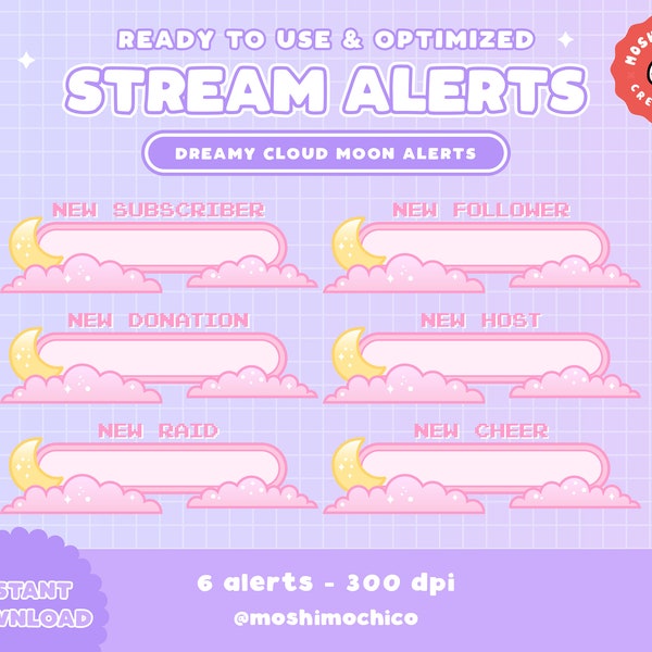 6x Twitch Cute Pink Dreamy Moon Cloud Static Alerts / New Follower / Subscriber / Host / Raid / Cheer / Sparkle