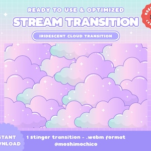 Puede incluir: Una animación de transición de nube iridiscente púrpura y azul para streaming. La animación presenta un patrón repetitivo de nubes con un efecto brillante. El texto "STREAM TRANSITION" está en la parte superior de la imagen.