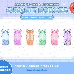 Twitch Sub Badges / Bit Badges / Emote - Cute Bubble Tea Bunny Boba Drink Collection / Kawaii / Streamer / Aesthetic