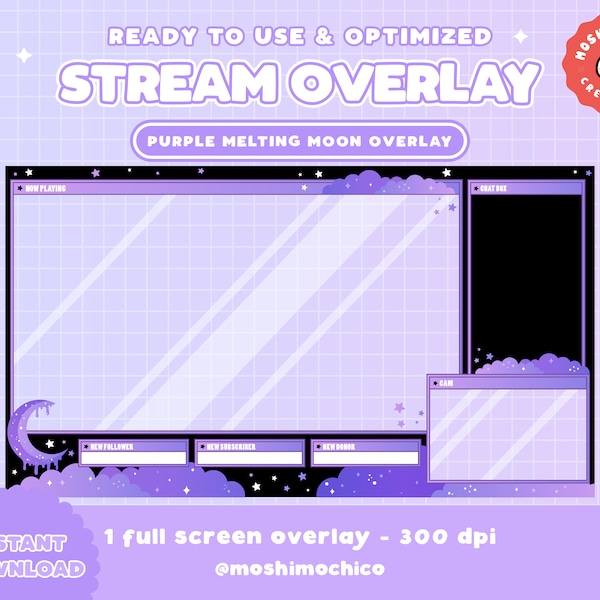 Twitch Creepy Cute Spooky Purple Halloween Melting Moon Overlay / Streamer Graphics / Kawaii / Streamer / Sparkle / Cloud / Star / Goth