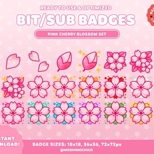 かわいい桜のビット / Twitch のサブバッジ / ビット ロイヤルティ バッジ / ストリーム オーバーレイ / ピンクの桜のテーマ / 18 個の花のバッジ / 春の花柄