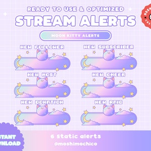 Op de afbeelding: Zes geanimeerde stream-meldingen met een schattige cartoonkat met een halve maan op zijn hoofd. De meldingen zijn voor nieuwe volgers, nieuwe abonnees, nieuwe hosts, nieuwe cheers, nieuwe donaties en nieuwe raids. De meldingen zijn in een pastelkleurenschema met roze, paars en blauw.