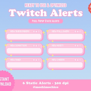 6x Twitch Cute Pink Pixel Pop Up Box Window Static Alerts / New Follower / Subscriber / Host / Raid