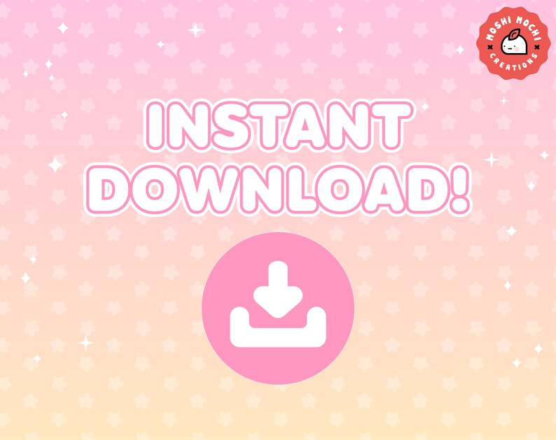 Puede incluir: Fondo rosa y naranja con un patr&oacute;n de estrellas blancas. El texto "INSTANT DOWNLOAD!" est&aacute; en blanco con un contorno rosa. Un c&iacute;rculo rosa con un icono de flecha de descarga blanca est&aacute; en el centro de la imagen.