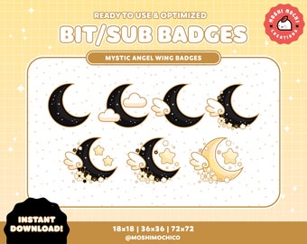 Twitch Sub Badges / Bit Badges / Black and Gold Sparkle Moon Collection / Floral / Kawaii / Streamer / Cloud / Pastel