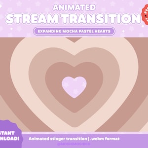 以下が含まれることがあります： モカパステルハートが拡大するアニメーションストリームトランジション。トランジションはwebm形式です。画像の上部に「ANIMATED STREAM TRANSITION」というテキストがあります。上のテキストの下に「EXPANDING MOCHA PASTEL HEARTS」というテキストがあります。画像の左下隅に「INSTANT DOWNLOAD!」というテキストがあります。画像の中央下部に「Animated stinger transition | .webm format」というテキストがあります。中央のテキストの下に「@MOSHIMOCHICO」というテキストがあります。