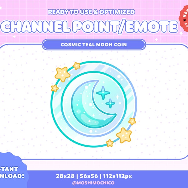 Twitch Teal Moon Coin Channel Point / Emote Badge / Kawaii / Streamer / Pastel / Streamer Graphics / Sky / Gamer / Sparkle