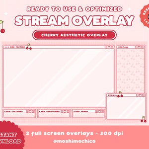 Twitch Aesthetic Pixel Cherry Fruit Computer Screen Overlay / Streamer Graphics / Kawaii / Streamer / Sparkle / Pastel / Heart / Red / Pink