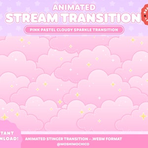 ピンクの雲のような輝きのスティンガートランジション、Twitch スティンガートランジション、かわいいシーン、アニメーションオーバーレイ、空のテーマ、ソフトパステルの美学、Lofi
