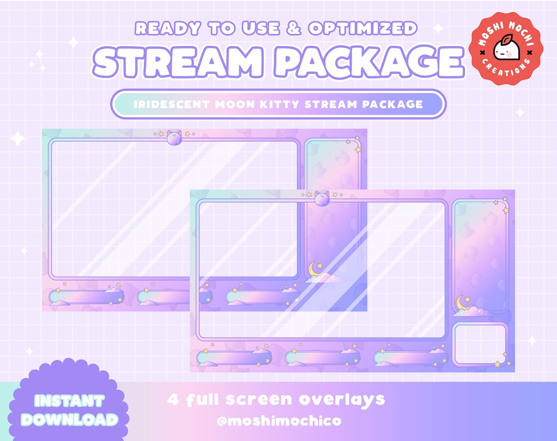Twitch Stream Package Iridescent Rainbow Sparkle Moon Kitty | Etsy