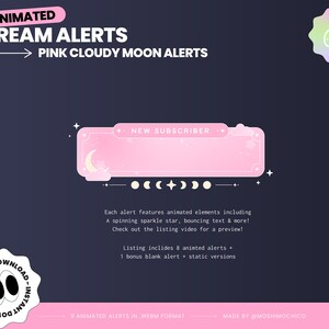 K&ouml;nnte beinhalten: Animierte Stream-Benachrichtigungen in Rosa und Wei&szlig; mit einem Mond und Wolken. Der Text lautet "Neuer Abonnent".