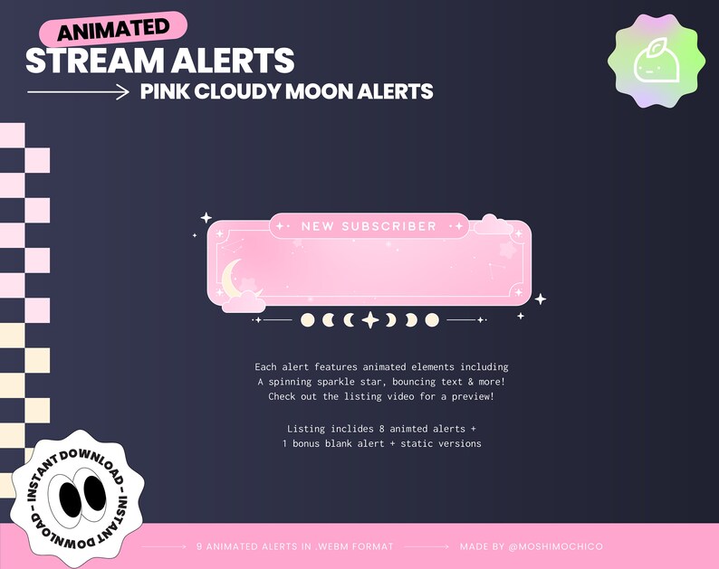 K&ouml;nnte beinhalten: Animierte Stream-Benachrichtigungen in Rosa und Wei&szlig; mit einem Mond und Wolken. Der Text lautet "Neuer Abonnent".
