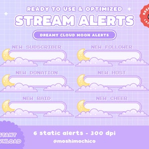 May include: Six purple and yellow animated stream alerts with a moon and clouds. The alerts are for new subscriber, new follower, new donation, new host, new raid, and new cheer. The text "READY TO USE & OPTIMIZED STREAM ALERTS DREAMY CLOUD MOON ALERTS" is at the top of the image. The text "6 static alerts - 300 dpi @moshimochico" is at the bottom of the image.