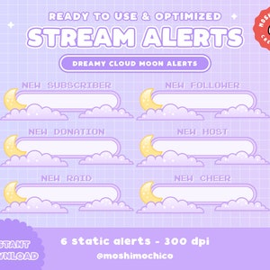 6x Twitch Cute Lavender Purple Dreamy Moon Cloud Static Alerts / New Follower / Subscriber / Host / Raid / Cheer / Sparkle