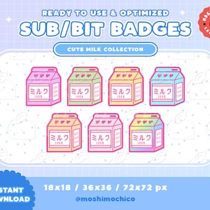 Twitch Sub Badges / Bit Badges / Kawaii Aesthetic / Milk Carton / Streamer Setup / Pastel / Rainbow / Pixel / Heart