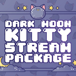 Könnte beinhalten: Eine violette und weiße Pixelgrafik mit dem Text "DARK MOON KITTY STREAM PACKAGE", umgeben von einem weißen Rahmen. Die Grafik ist vor einem violetten Hintergrund mit einem sich wiederholenden Muster aus schwarzen Katzen mit Halbmonden auf dem Kopf platziert.