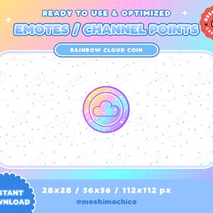 Puede incluir: Una ilustración digital de un emoji de moneda de nube arcoíris para Twitch o Discord. El emoji está en un círculo con un contorno blanco y un degradado arcoíris. La nube es blanca con un contorno azul claro y una sola estrella en el centro. El emoji está rodeado de un fondo blanco con un patrón de pequeños puntos blancos. El texto "RAINBOW CLOUD COIN" está encima del emoji. El texto "READY TO USE & OPTIMIZED EMOTES/CHANNEL POINTS" está en la parte superior de la imagen. El texto "INSTANT DOWNLOAD" está en la parte inferior izquierda de la imagen. El texto "28x28 / 56x56 / 112x112 px" está en la parte inferior central de la imagen. El texto "@moshimochico" está en la parte inferior derecha de la imagen.