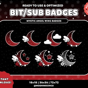 Twitch Sub Badges / Bit Badges / Dark Mystic Sparkle Moon Collection / Floral / Kawaii / Streamer / Cloud / Red and Black / Dark Theme