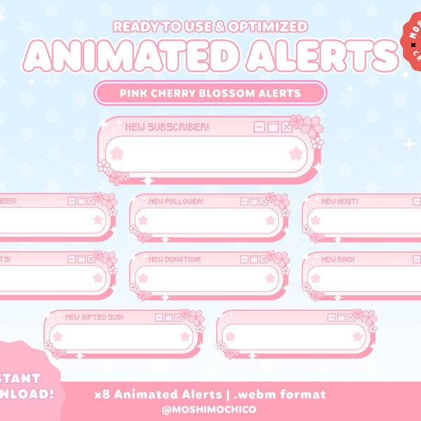 Pink Cherry Blossom Animated Twitch Alerts / Fenêtre d’ordinateur mignon / Nouvel abonné / Abonné / Hôte / Raid / Nouveau don / Alertes de flux