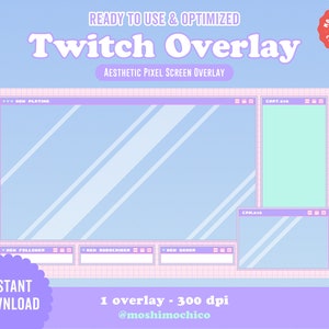 Puede incluir: Una superposición de Twitch azul pastel y rosa con un diseño pixelado. La superposición presenta una ventana grande con un fondo azul claro y un patrón de cuadrícula. Hay ventanas más pequeñas para el chat, nuevos seguidores, nuevos suscriptores y nuevas donaciones. El texto "NOW PLAYING", "CHAT", "NEW FOLLOWER", "NEW SUBSCRIBER" y "NEW DONOR" es visible en las ventanas. El texto "Twitch Overlay" está en una fuente grande y en negrita en la parte superior de la superposición. El texto "AESTHETIC PIXEL SCREEN OVERLAY" está debajo del título. El texto "1 overlay - 300 dpi" está en la parte inferior de la superposición. El texto "@moshimochico" está debajo de la información de dpi.