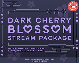 Dark Cherry Blossom Stream Pack For Twitch, Panels, Animated Screens, Alerts, Overlay Set, Streaming Package, Lofi Aesthetic, Dark Theme